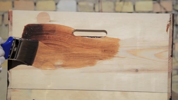 Pintura de madeira close-up com um pincel com a cor marrom - Filmagem, Vídeo