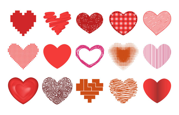 Különböző stílus piros szív vektor ikon elszigetelt szerelem Valentin nap jel és romantikus esküvő szép ünnepelni világos érzelem szenvedély jel illusztráció. - Vektor, kép