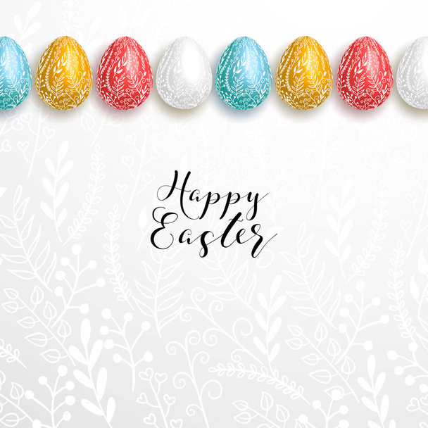 Happy easter lettering on gray background with branches decoration and row of realistic blue, red, yellow, white eggs. - Vetor, Imagem