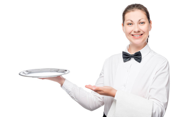 serveuse femme pointant vers son plateau vide, un portrait dans le stu
 - Photo, image