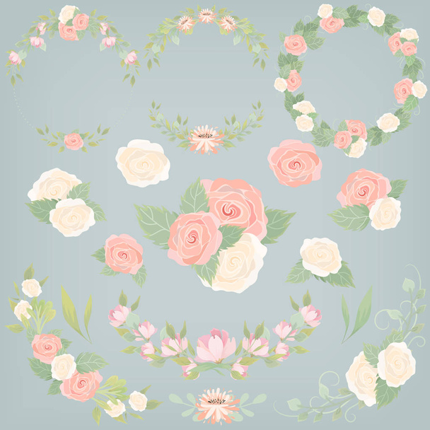 Set floristic sjablonen. Aantal decoratieve vectorelementen met bloemen - Vector, afbeelding