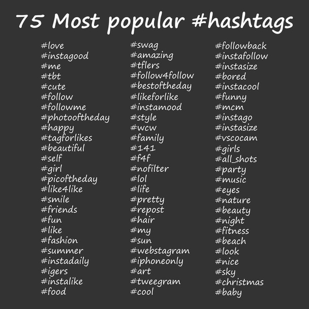 Most popular hashtags in hand drawn style. Vector illustration on black background. - Vector, Image