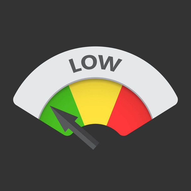 Icono de vector de indicador de riesgo de bajo nivel. Ilustración de combustible bajo sobre fondo negro
. - Vector, Imagen