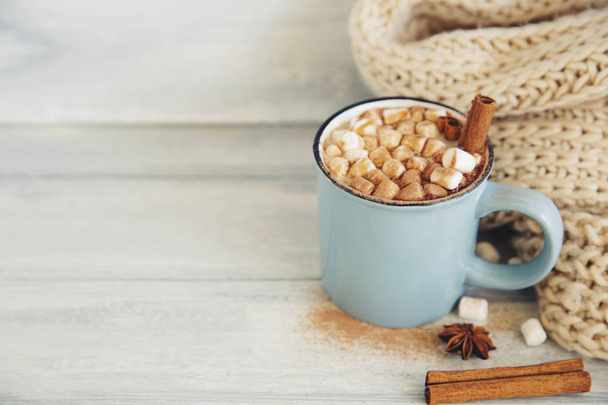 Hot cocoa with marshmallows and cinnamon sticks on wooden background - Photo, image