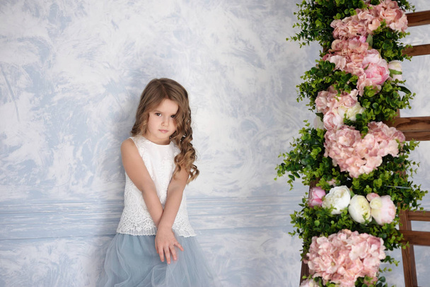 Foto di una bambina carina in un vestito blu in uno studio
 - Foto, immagini