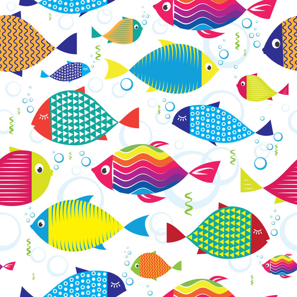 Seamless pattern of colorful hand drawn fishes - Vektör, Görsel