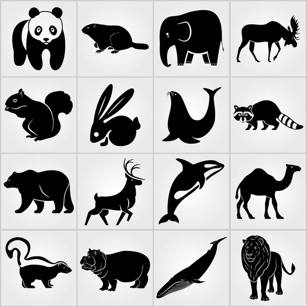 Ikonen von Säugetieren. Kaninchen, Hirsch, Elefant, Seelöwe, Grampus, Murmeltier, Bär, Eichhörnchen, Elch, Waschbär, Kamel, Stinktier, Nilpferd, Wal, Löwe und Panda - Vektor, Bild