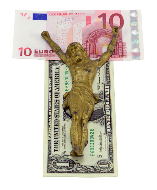 Konzept Gold Jesus kreuzigen Euro-Dollar isoliert - Foto, Bild