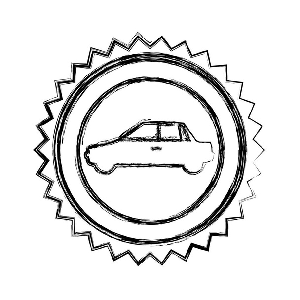 monochrome sketch of circular seal with automobile in side view - Vector, Image