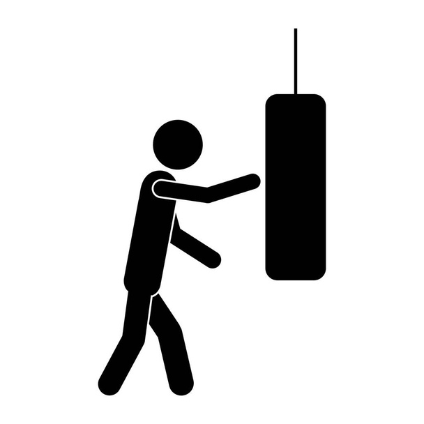 monochrome pictogram with man knocking punching bag - Vector, Image