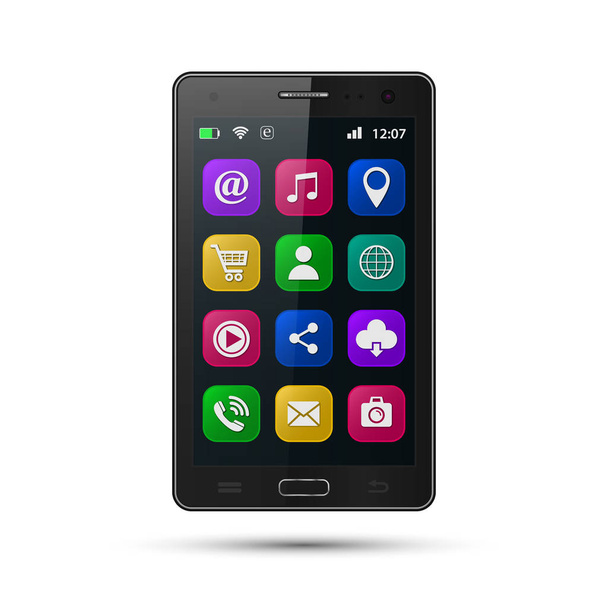 Smartphone with application icons. Vector isolated realistic mobile phone. - Vector, Image