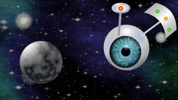 Научно-фантастическое видео с НЛО. Фантастический космический корабль с голубым глазом летящий через космос, 3D компьютерный фильм
 - Кадры, видео