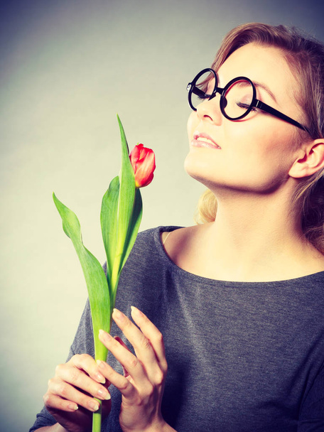 Charming woman smelling flower feel peace. - Fotografie, Obrázek