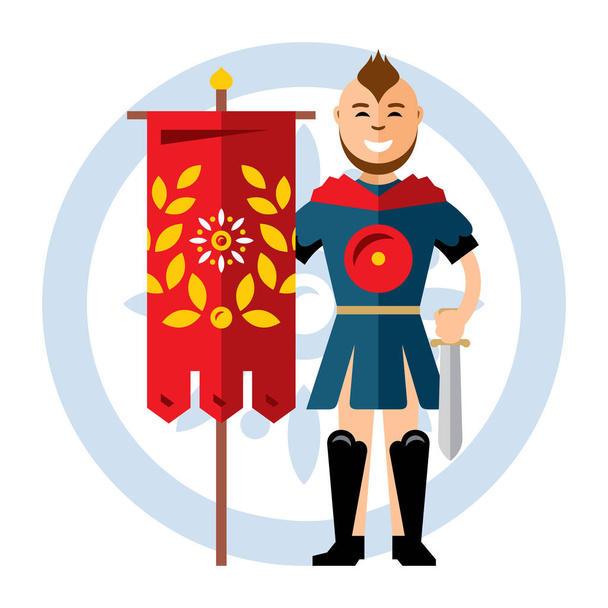 Vektori Spartan soturi punaisella lipulla. Tasainen tyyli värikäs sarjakuva kuvitus
. - Vektori, kuva