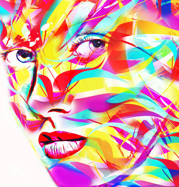 Face of beautiful woman in 3d render. Colorful makeup and abstract background create modern portrait.  - Valokuva, kuva