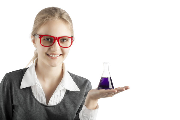 girl with test tubes and microscope for chemical class - Foto, Imagem