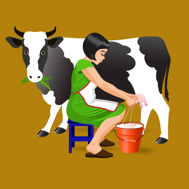Vector Illustration. Milking of a cow. - Vector, Image