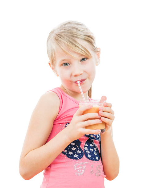 Girl with a cocktail of grapefruit isolated on white background. - 写真・画像