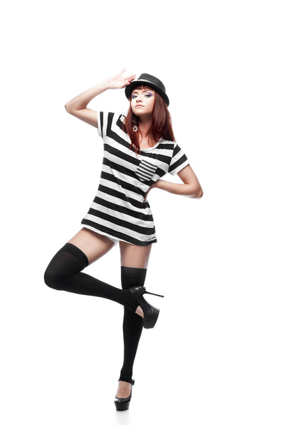Stylish girl in black and white dress - Φωτογραφία, εικόνα