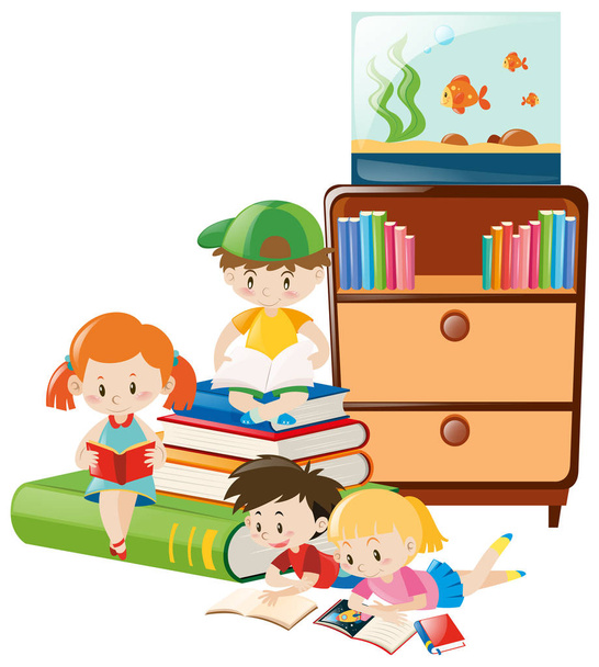 Crianças lendo livros na sala
 - Vetor, Imagem