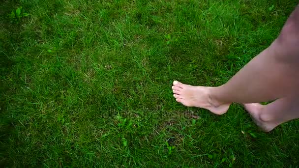Primeros planos de los pies de la joven que lleva un pie en la hierba al aire libre en el día
. - Imágenes, Vídeo
