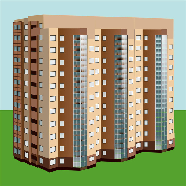 Cuatro edificios de varios pisos sobre un fondo azul. Ilustración isométrica vectorial
 - Vector, imagen