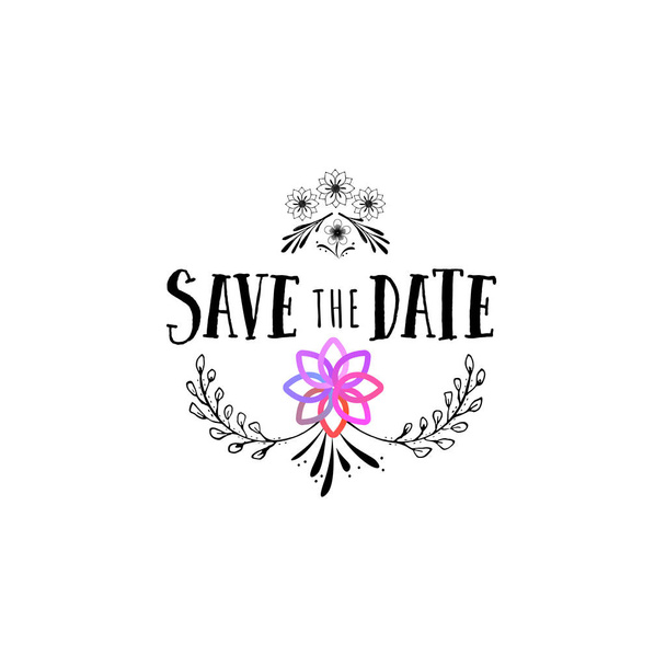 Badge als onderdeel van het ontwerp - Save the Date Sticker, stempel, logo - ontwerp, handen gemaakt. Met het gebruik van bloemen elementen, kalligrafie en belettering - Vector, afbeelding