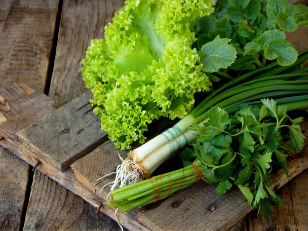 Tavaszi zöld saláta egy fából készült háttér. Saláta, petrezselyem, hagyma, retek levelek. - Fotó, kép