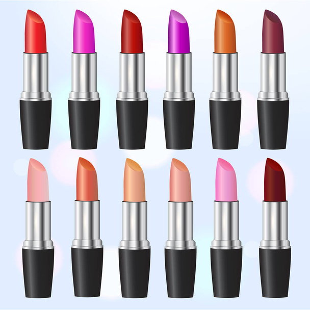 Mode-Lippenstift-Werbung, bunte Lippenstifte, die isoliert auf blauem Hintergrund angeordnet sind, trendiges Kosmetikdesign für die Werbung. Lippenstifte - Vektor, Bild