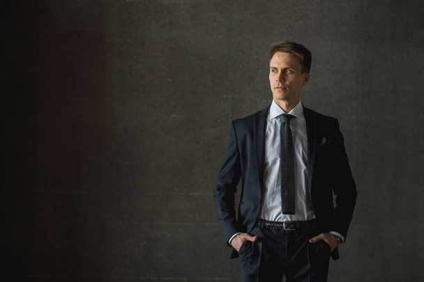 Handsome businessman in formal suit on gray background - Fotografie, Obrázek