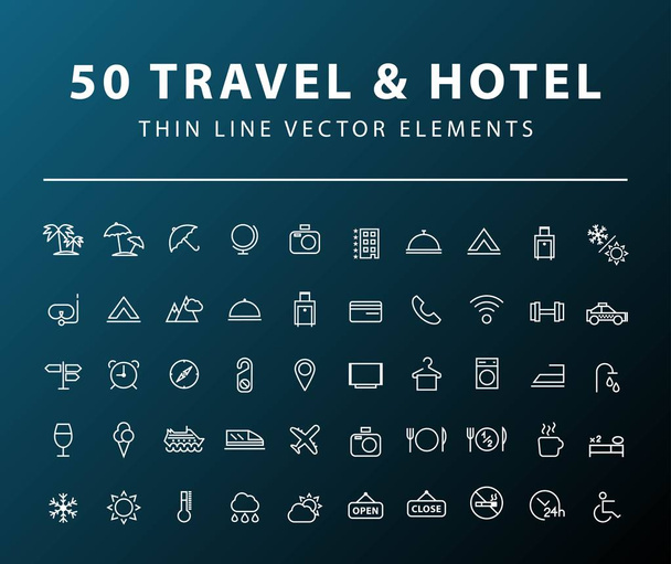 Állítsa be a 50 minimális vékony vonal utazási és Hotel ikonok sötét háttér. Elszigetelt vektorelemek - Vektor, kép