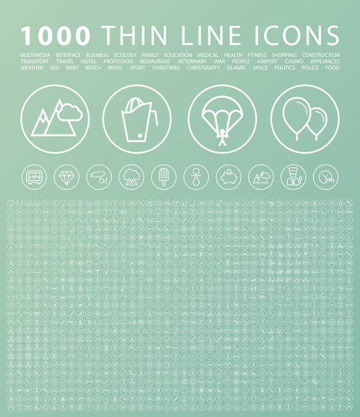 Set von 1000 isolierten Minimal Modern Simple Elegant White Icons auf runden Tasten. Vektorelemente auf grünem Hintergrund - Vektor, Bild