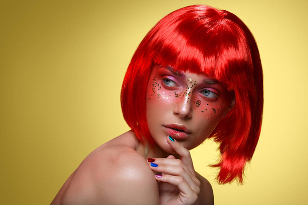 Beautiful girl in red wig - Fotó, kép