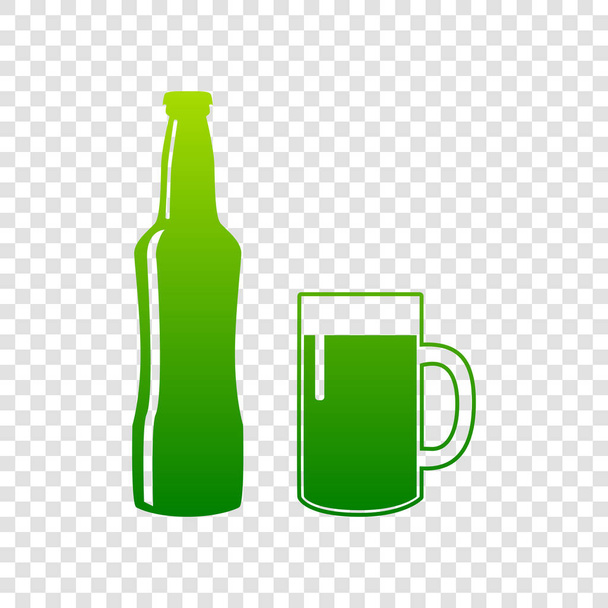 Bierflaschenschild. Vektor. grünes Farbverlauf-Symbol auf transparentem Hintergrund. - Vektor, Bild