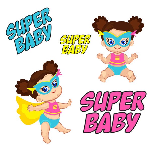 Superhelden-Baby-Mädchen im Stehen und Sitzen. - Vektor, Bild