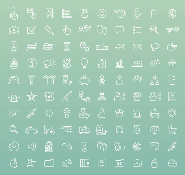 Набор из 100 минимальных универсальных современных элегантных белых тонких линий икон (политика и полиция) на цветном фоне - Вектор,изображение