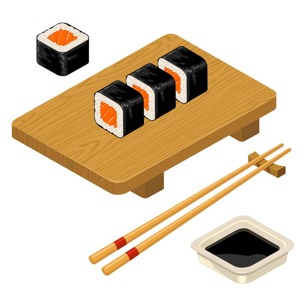 Sushi roll with fish, chopsticks, wasabi in bowl, wood board. - Wektor, obraz