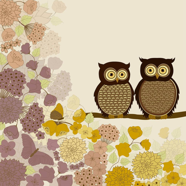 Cute cartoon pair of owls on branch with flowers - Вектор, зображення