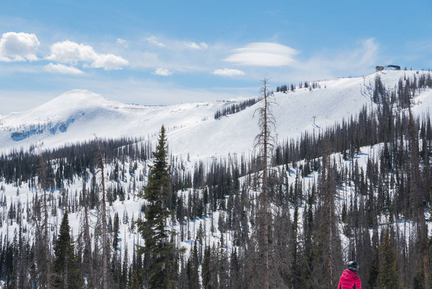 Person mit Blick auf Skipisten in einem farbenfrohen Skigebiet - Foto, Bild
