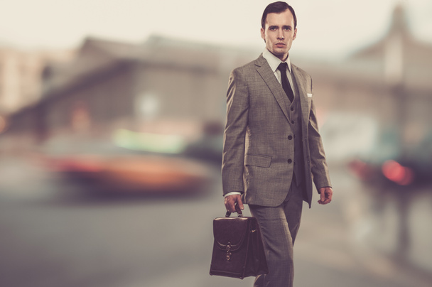 Man in classic grey suit with briefcase outdoors - Photo, Image
