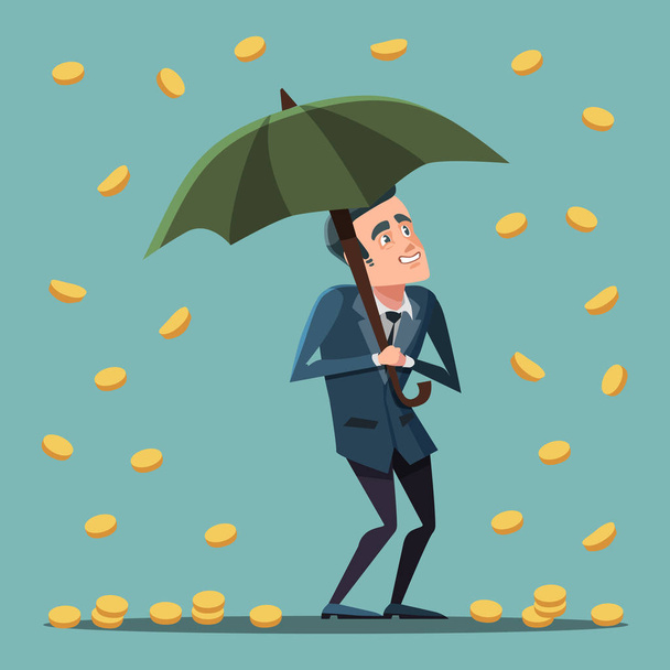 Zeichentrickunternehmer, der mit Regenschirm im Geldregen steht. Geschäftserfolg. Vektorillustration - Vektor, Bild