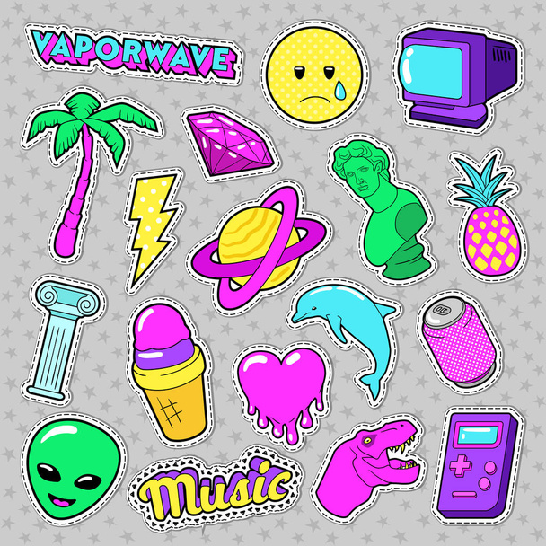 Vaporwave Fashion Funky Elements with Heart, Icecream and Planet for Stickers, Badges. Vector doodle - Vector, Image