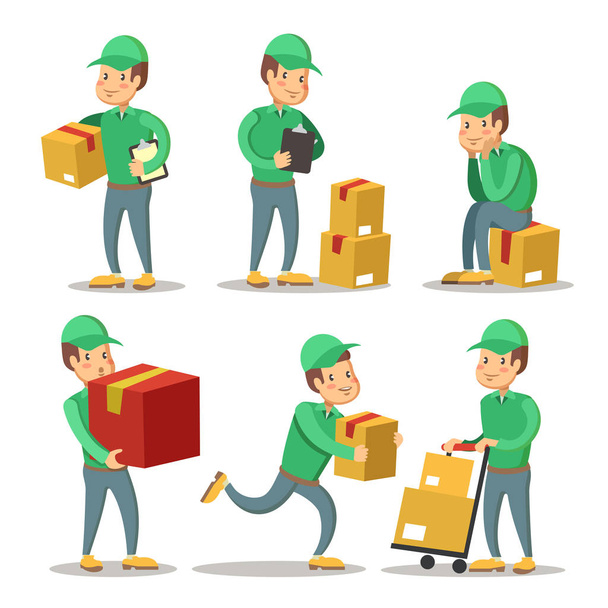 Delivery Service Man Cartoon Character Set. Courier with the Box. Vector illustration - Vector, Image