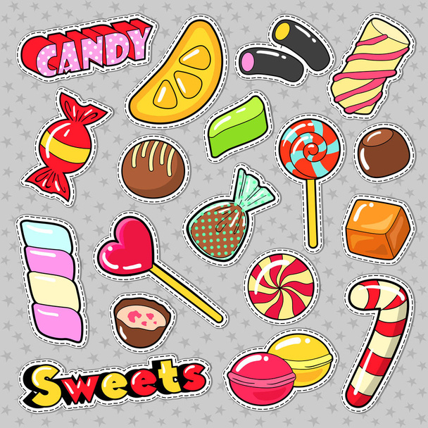 お菓子食品キャンディーズ、ステッカー、パッチ、ロリポップ、チョコレートのお菓子やゼリーが付いているバッジです。ベクトル落書き - ベクター画像