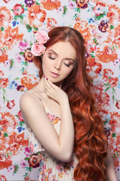 Sexy beautiful redhead girl with long hair. Perfect woman portrait with a colored light background. Gorgeous hair and deep eyes. Natural beauty, clean skin, facial care and hair. Strong and thick hair. - Φωτογραφία, εικόνα