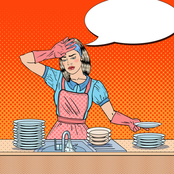 Pop Art tylsistynyt nainen tiskaus astiat keittiössä. Vektoriesimerkki
 - Vektori, kuva