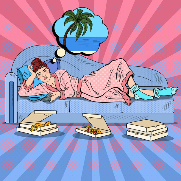 Pop-Art žena sledování televize a snít o dovolené. Vektorové ilustrace - Vektor, obrázek