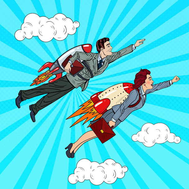 Pop Art Business People Flying on Rockets to Success. Creative Start Up Concept. Vector illustration - Vector, Image