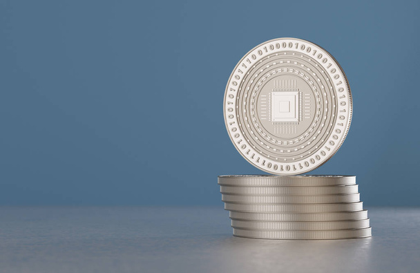 Stack of silver crypto-currency coins with cpu symbol as example for digital currency, online banking or fin-tech - Photo, Image