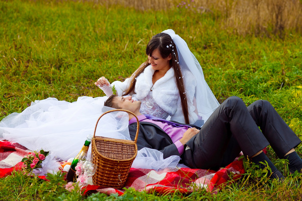 menyasszony és a vőlegény piknik sárga őszi erdőben romantikus készlet - Fotó, kép